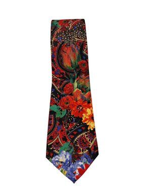 Floral Paisley Pattern Tie By Adams Row 100% Microfiber Vibrant Red & Multicolor